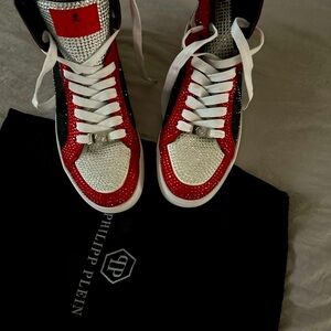 Philipp Plein size 42 or 8 1/2 red black and white meds, men sneakers